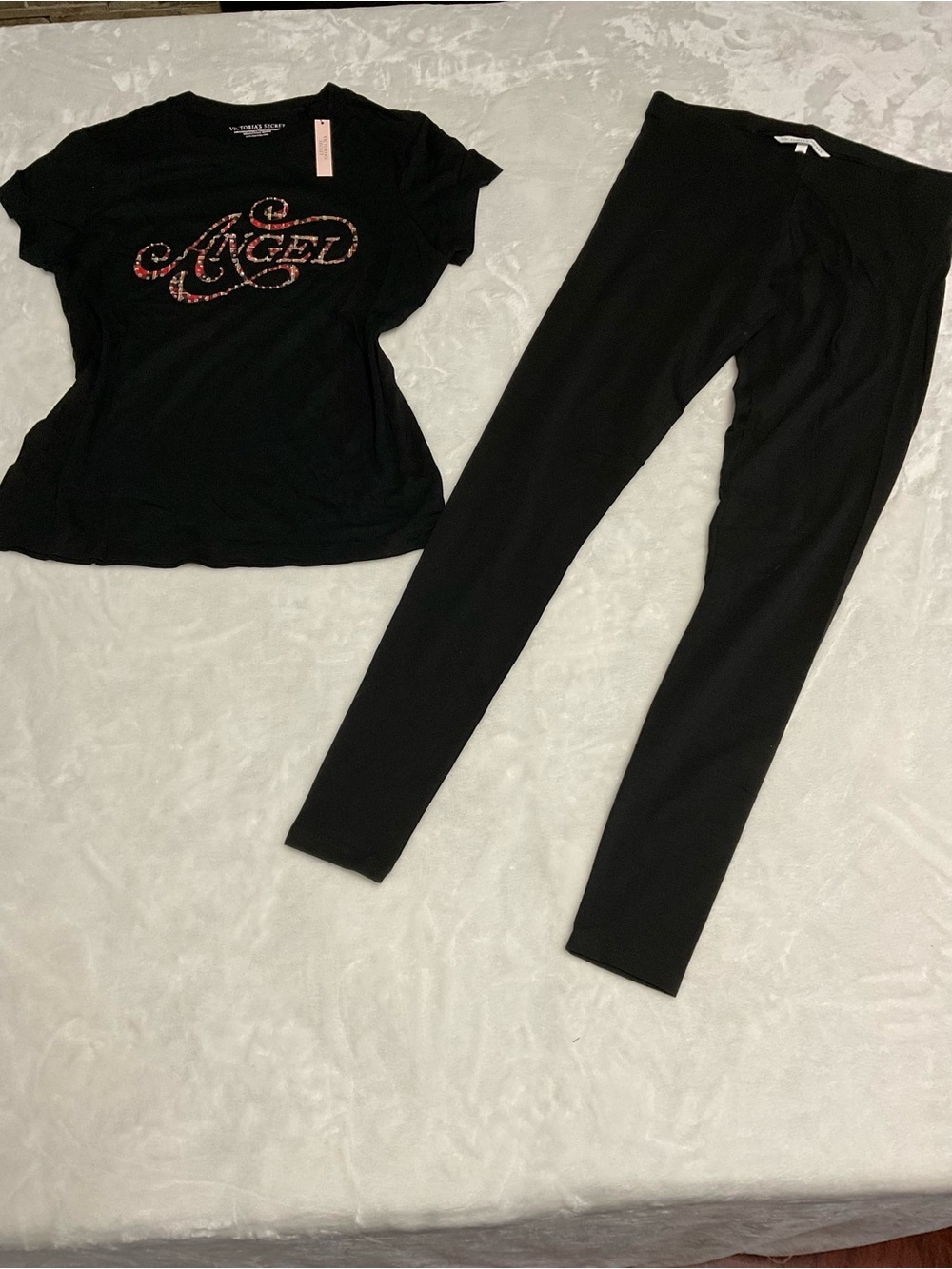 Y2K Victoria's Secret Black 'Angel' Rhinestone Tee & Black Lounge Leggings Set